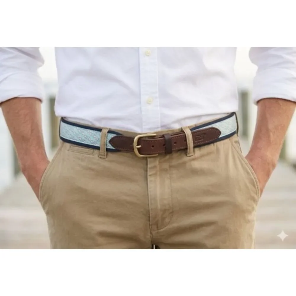 VINEYARD VINES Lacrosse Belt Sz 30 Leather & Canvas Navy Blue Green Ribbon
